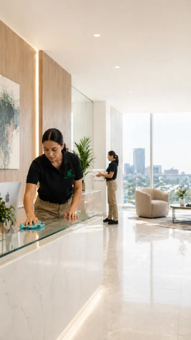 M&P Cleaning team member wiping down a glass reception desk in a bright modern office