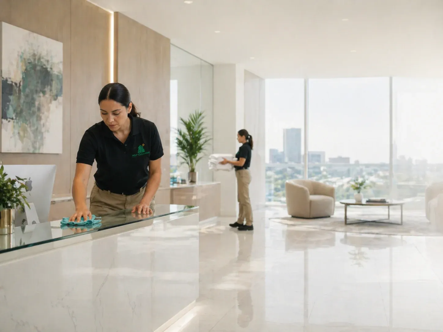 M&P Cleaning team member wiping down a glass reception desk in a bright modern office