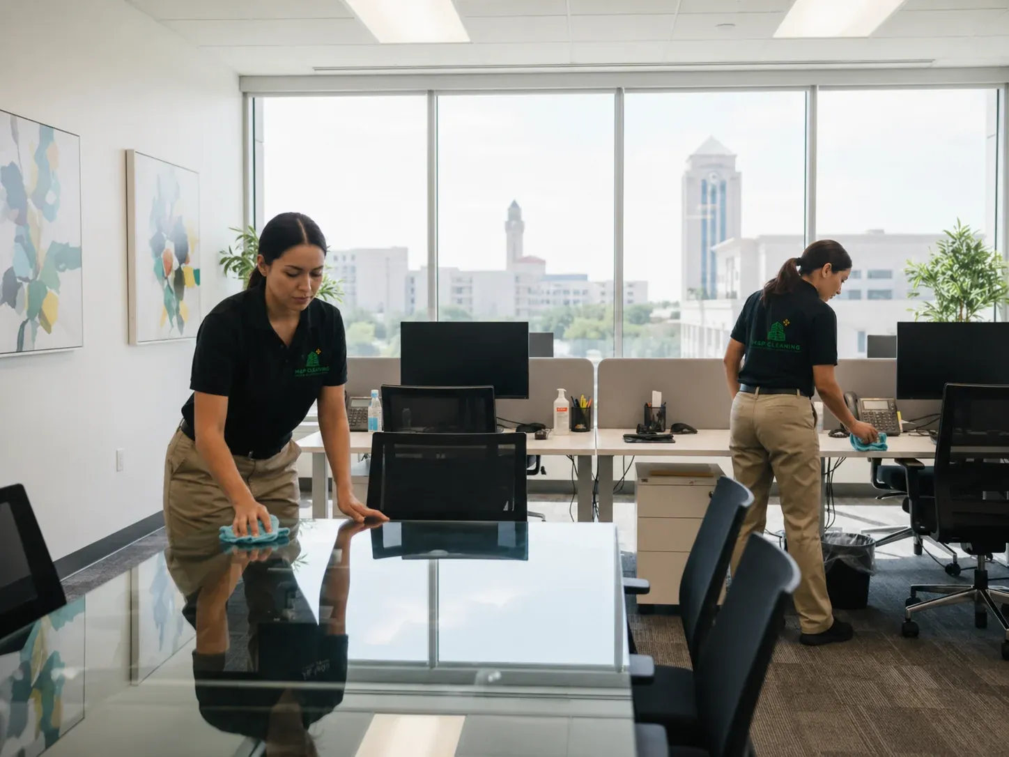 Two M&P Cleaning team members wiping down a conference table and desks in a bright office