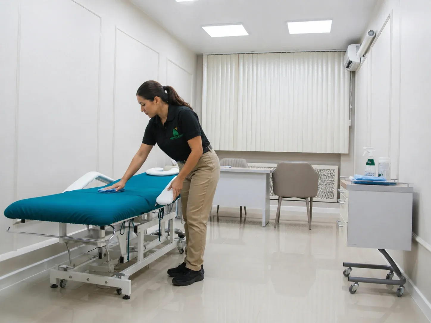 M&P Cleaning team member preparing an exam table in a clean medical office