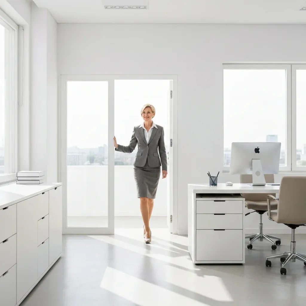 Person arriving at a clean, bright office